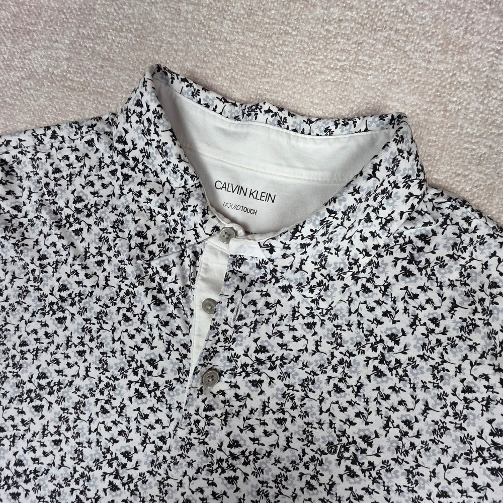 Calvin Klein Liquid Touch Mens Large White Black Floral Vine Polo Shirt L/G